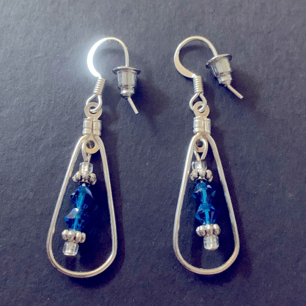 Silver Tone Teardrop Dangle Earrings with Royal Blue Beads. New Handmade
